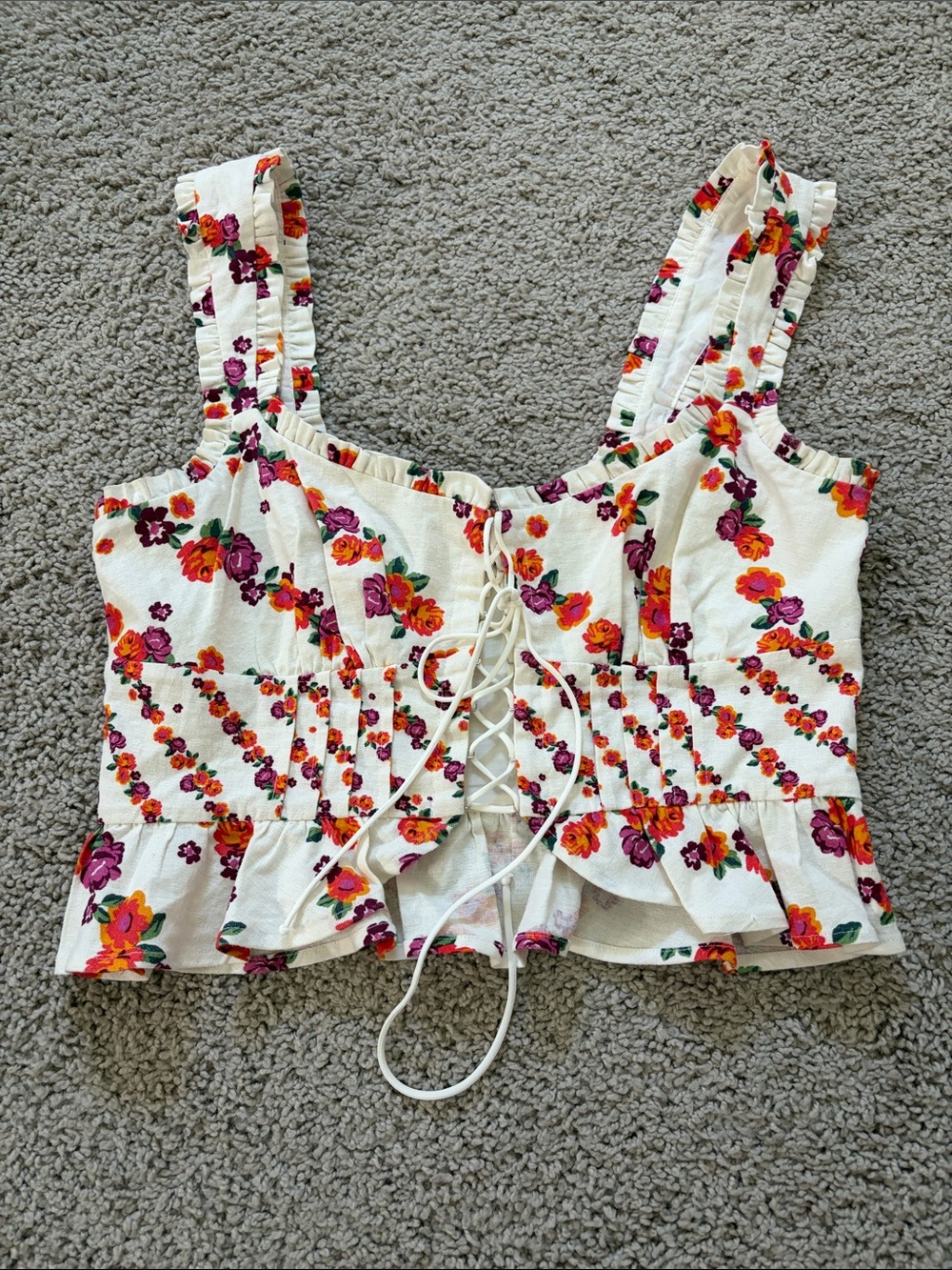 For Love & Lemons Cream Lace-Up Floral Crop Top with Pink & Orange Blooms